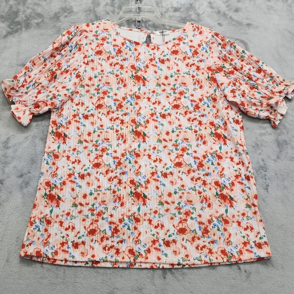 NEW Zeagoo Top Womens XL Orange Floral Short Smocked Puff Sleeves Stretch Casual